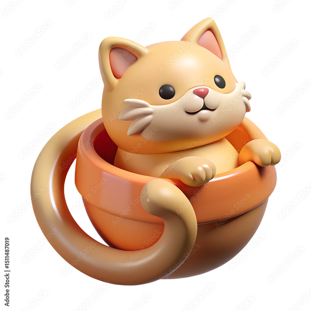 Poster adorable 3d render of a smiling cartoon cat in a bowl with a tail creating a 3d plastic-style icon o