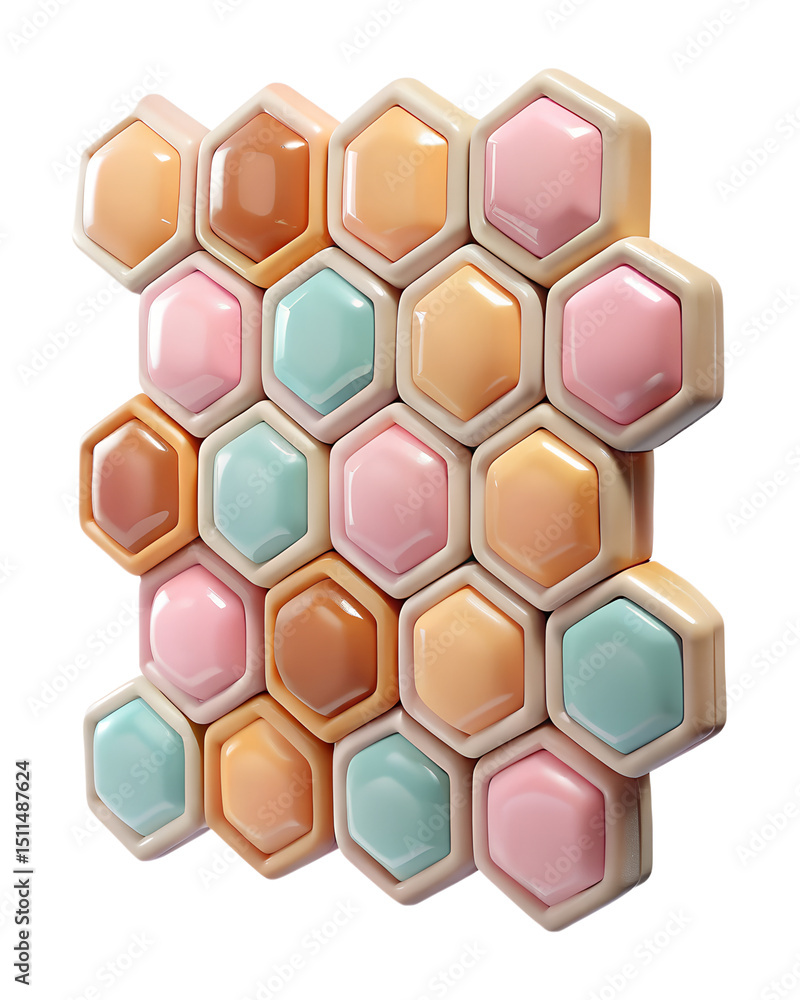 Poster beautifully arranged 3d plastic-style icon showcasing a vibrant and colorful hexagonal tile pattern 