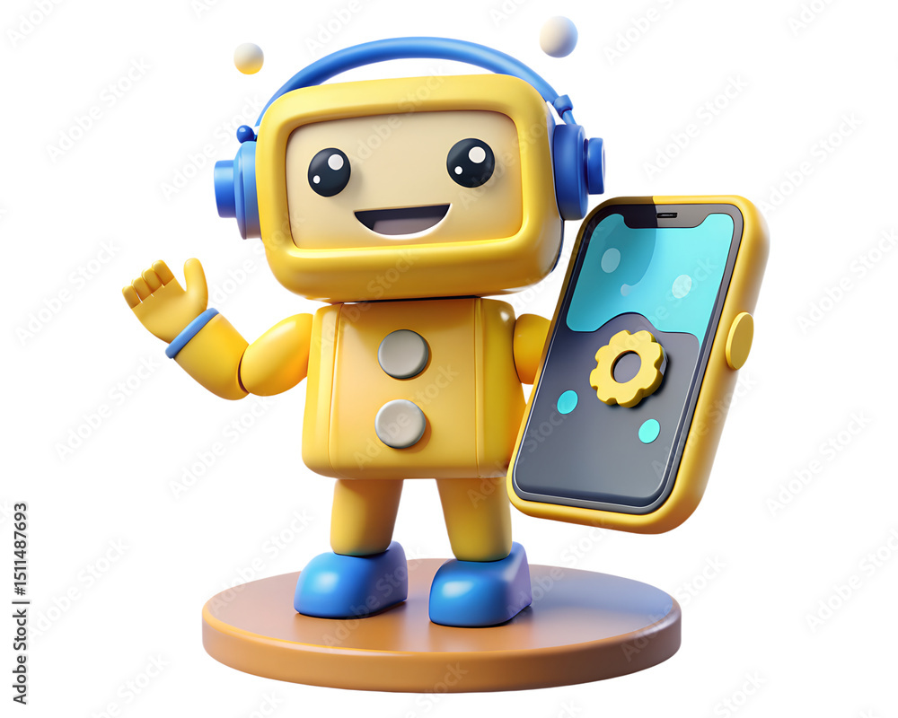 Poster cheerful 3d robot character with headphones and a smartphone displaying a cogwheel interface icon re