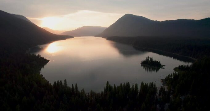 Stunning Sunset Aerial of Pristine Mountain Lake