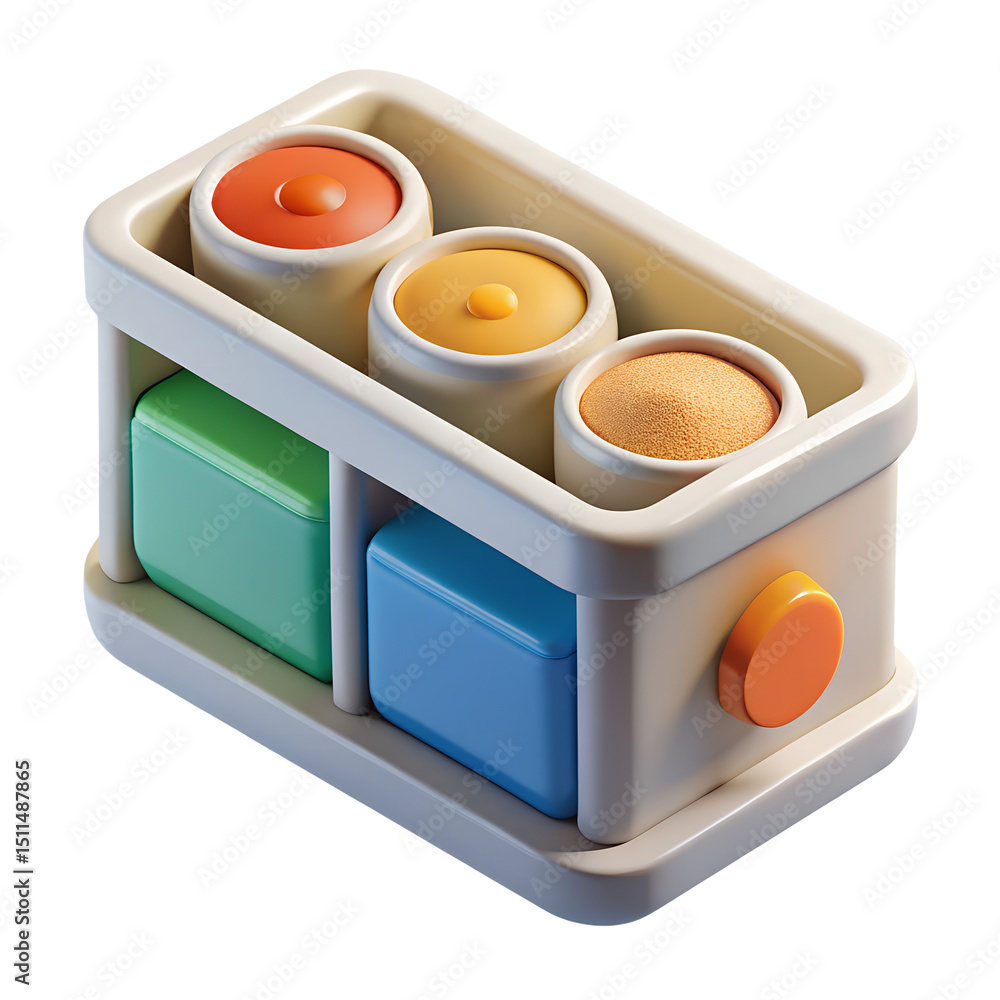 Poster colorful 3d render of an abstract storage unit with cylindrical and cuboid containers in plastic sty