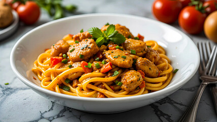 Delicious chicken Pasta with Fresh Herbs and Tomatoes.