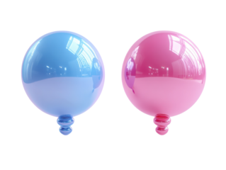 Two balloons, one blue and one pink, are floating in the air
