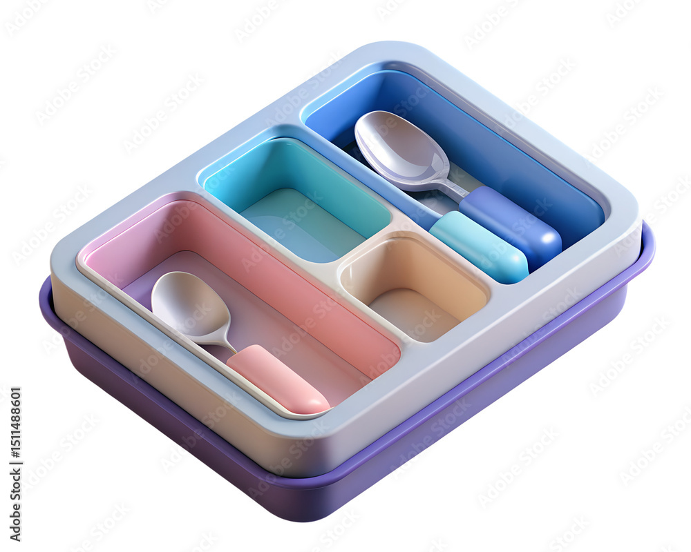 Poster isometric rendering of a colorful modern lunch box with compartments and spoons in 3d plastic-style 