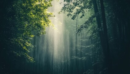 Sunlight streams through misty forest