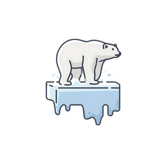   Lineal Color vector icon of polar bear on melting ice block, soft environmental tones on a white background 