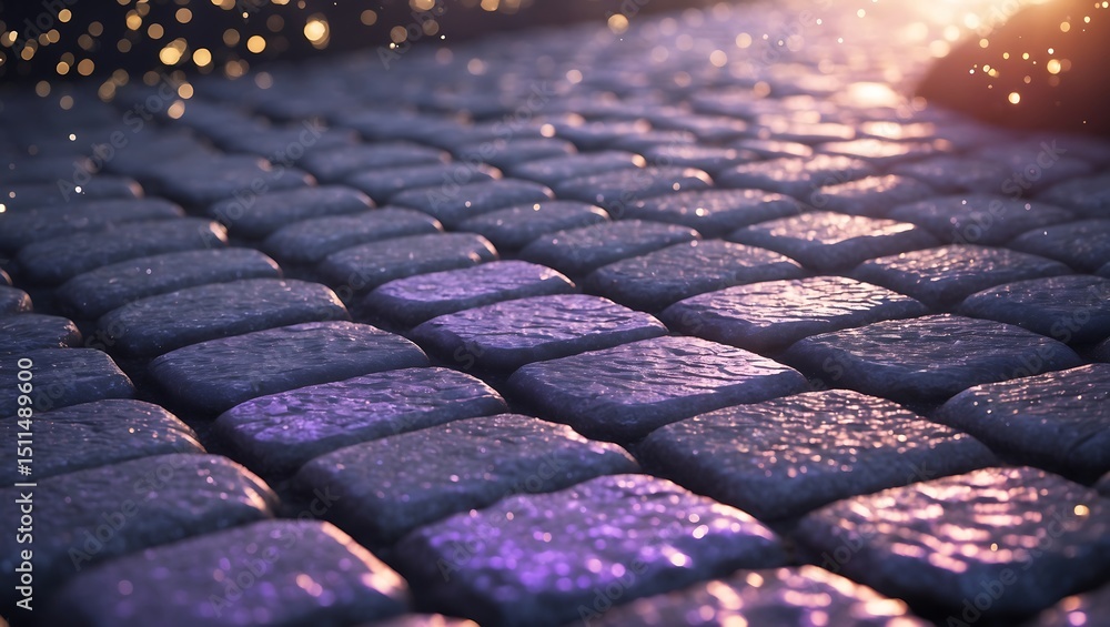 Poster textured cobblestone pavement reflecting soft light with bokeh effect and purple highlights