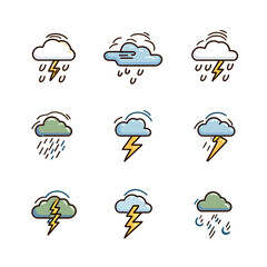   Lineal Color vector icons of a storm cloud with rain and lightning bolts 