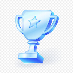 Blue glass Trophy Cup 3d icon with star symbol, isolated on transparent background. Perfect for gaming, achievement, award, and competition design concepts. Vector illustration.