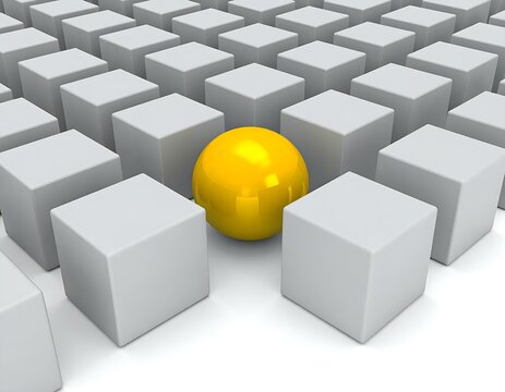 Unique Yellow Sphere Amidst Grey Cubes 3D Model, Standout, Difference, Contrast, Design