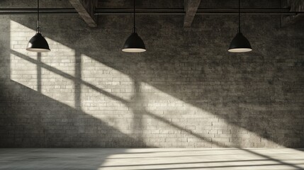 Sunlit Industrial Loft Interior:  A Modern, Minimalist Space with Exposed Brick Walls and Pendant Lighting