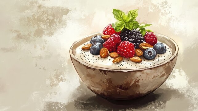 A bowl of fruit with blueberries, raspberries, and nuts