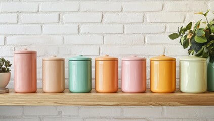 Pastel-colored storage jars lined up on a light wooden shelf against a white brick wall