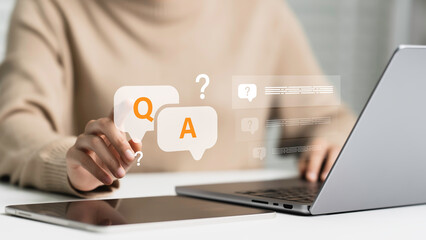 User hand clicking Q&A or Question and Answer button FAQ (frequency asked questions) Q and A -...