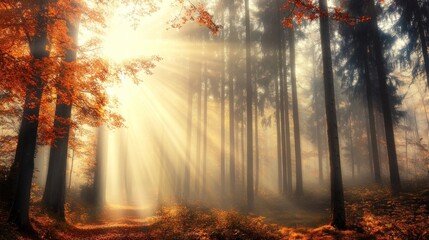Sunbeams Dancing Through Autumn Forest Path