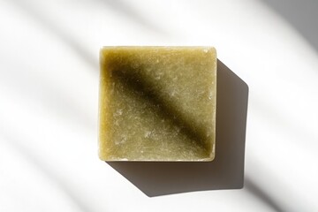 Olive-green soap bar, square shape, sunlit
