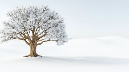 Fototapeta premium Snow Covered Lone Tree on a Winter Landscape With Light Blue Sky Background