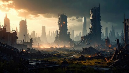 Naklejka premium Alien Invasion Aftermath in Destroyed Cityscape with Eerie Atmosphere