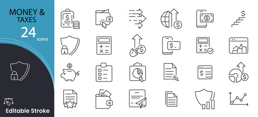 Money and taxes related icon collections. Containing currency, payment, invoice, tax, finance, bill, cash, budget, refund, and receipt icons. Editable Stroke. Outline icons.