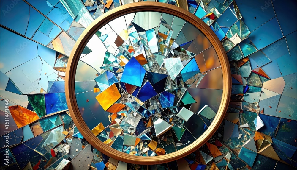 Poster surreal reflection of chaos in a broken mirror fragmentation art