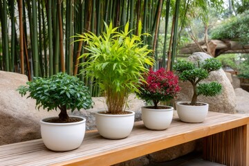 Potted plants sitting on a wooden bench in front of bamboo canes