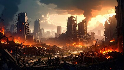 Desolate Cityscape in Ruins with Gritty Post-Apocalyptic Atmosphere