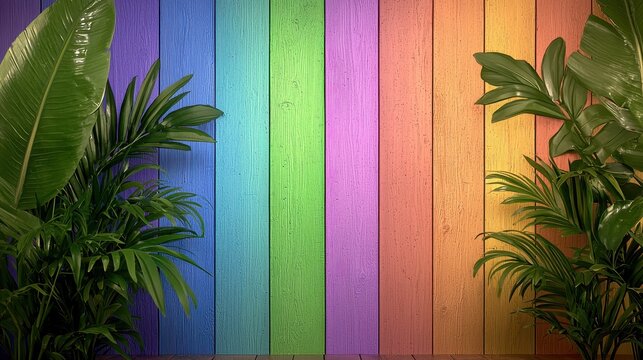 Lush Green Tropical Plants Frame Vibrant Rainbow Wooden Planks