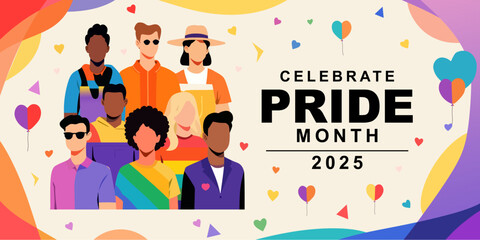 Celebrate LGBT Pride Month 2025 With people of different races and Colorful Rainbow Pride Background. Best for Banners, Greeting Cards, Posters and Social Media. Vector Illustrations.