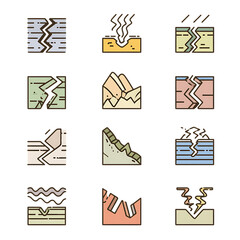   Lineal Color vector icons of an earthquake, broken ground, seismic waves, stylized 