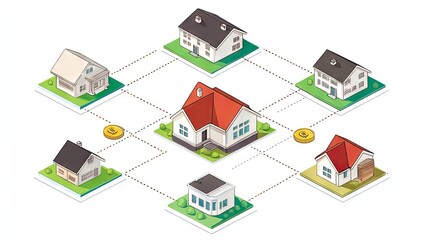 Fototapeta premium Diversified asset icons like real estate, gold, and stocks arranged around mutual fund graphs