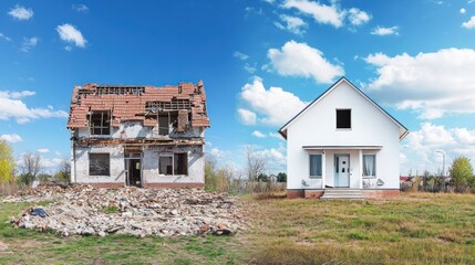 Transformation: From Ruin to Renewal. A captivating before & after showcasing the remarkable journey of a house undergoing complete renovation, from a dilapidated state to a stunning, modern dwelling.