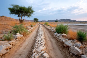 Rocky road crossing arid landscape in Thar Desert, Sindh, Pakistan