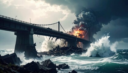 Fototapeta premium Dramatic Collapse of Bridge with Explosive Infrastructure Failure