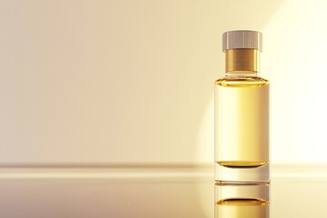 Elegant glass bottle with golden liquid isolated on white background