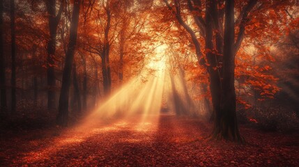 Autumnal Enchantment: Sunbeams Dancing Through a Misty Forest