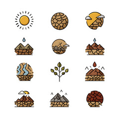   Lineal Color vector icons of drought and cracked earth under sun 
