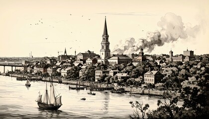 Naklejka premium Historic Charleston Cityscape with Southern Charm and Tragedy Elements