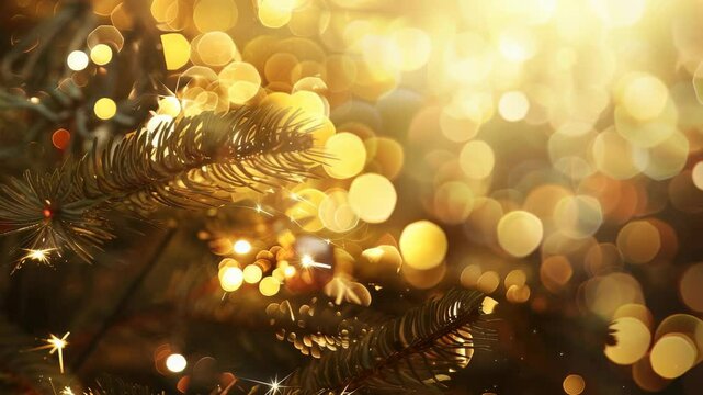 Warm bokeh lights illuminate evergreen branches, creating a warm, festive atmosphere. The glow evokes a sense of joy, perfect for capturing the holiday spirit. 170 chars