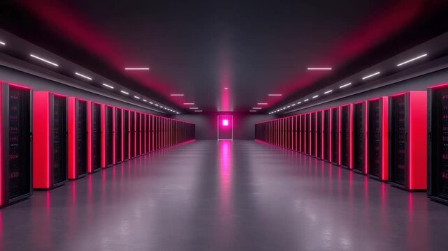Futuristic Data Center:  Rows of Servers Illuminated in Pink