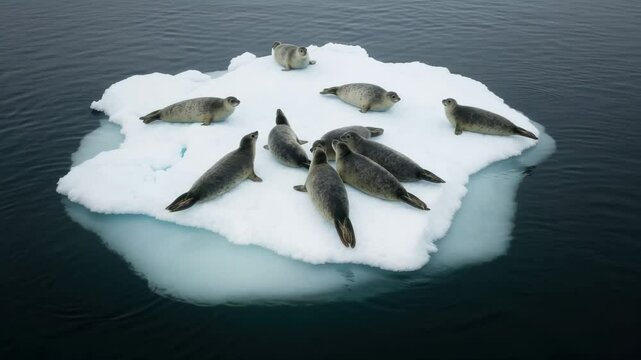 A group of seals is gathered on a relatively small, melting ice floe in dark, open water, highlighting the vulnerability of their habitat