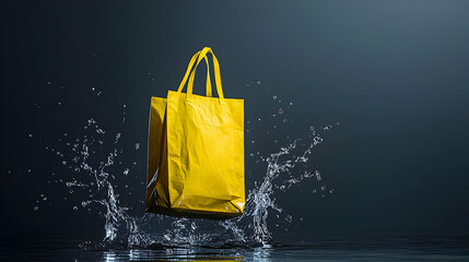 Yellow Paper Shopping Bag In Water Splash