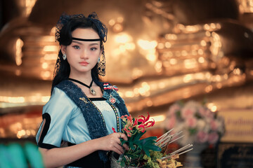 Traditional thai dress showcase cultural festival portrait photography temple setting close-up view...