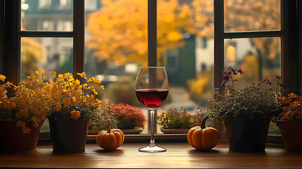 Cozy Autumn Window Scene With Wine Glass and Pumpkin Decorations