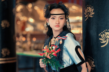 Traditional thai dress showcase cultural festival portraits urban venue close-up fashion and...