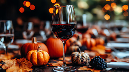 Elegant Autumn Table Setup With Pumpkins and Wine Glass