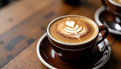 A creamy cappuccino with a heart-shaped latte art on top and a dusting of cocoa powder.