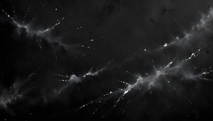 Dramatic abstract composition with splattered white paint against a deep black backdrop.