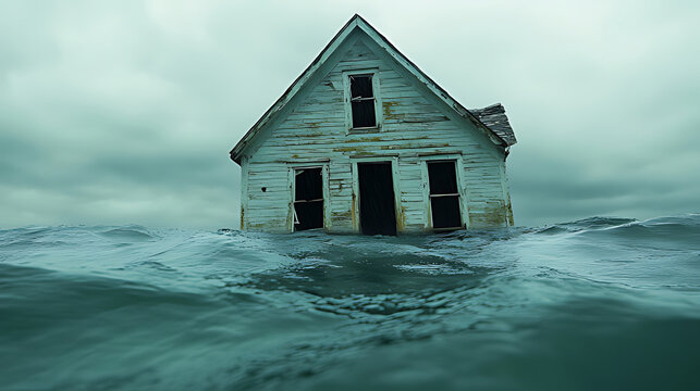 Abandoned House Submerged in Water with Cloudy Sky in Background