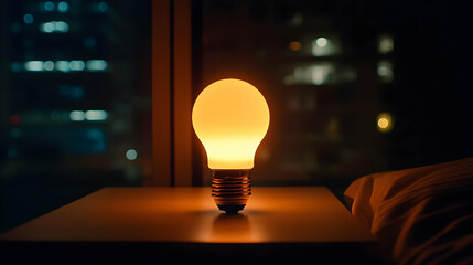 Illuminated Light Bulb On Nightstand