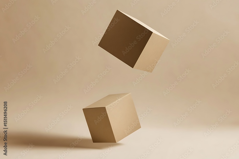 Poster two beige cubes floating in a neutral colored space, creating an abstract composition